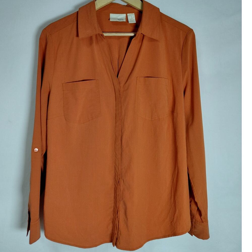Chico's Orange Collared Stretch Button-Up Shirt Women Size 1